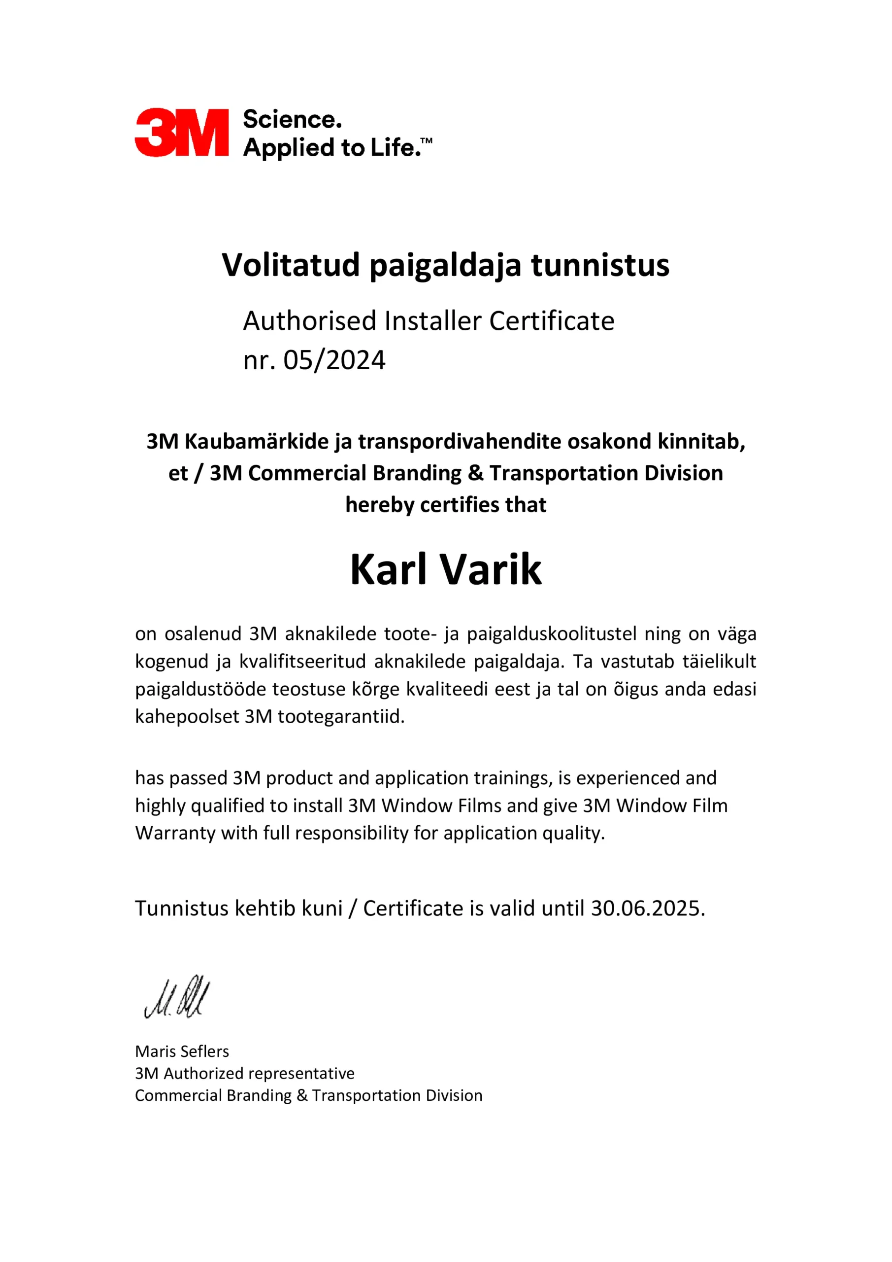 3M volitatud paigaldaja tunnistus
